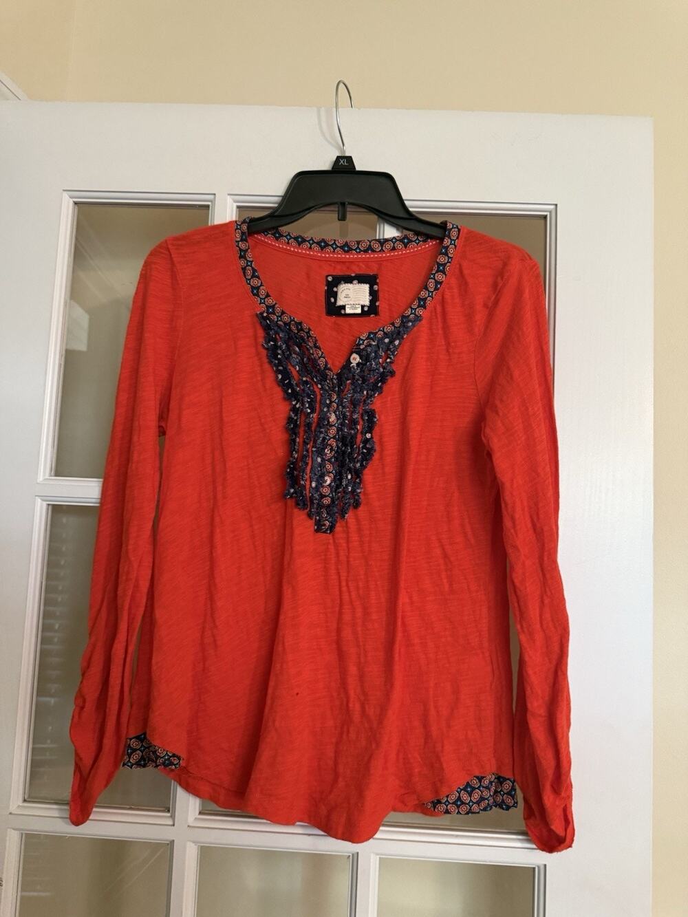 Postmark Blouse Women Small Red Blue Henley Long Sleeve Floral Anthropologie
